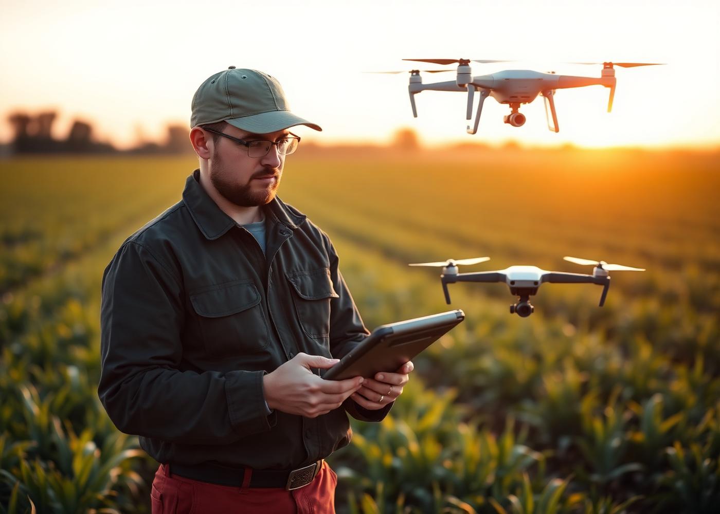 Profissional operando drone para monitoramento agrícola